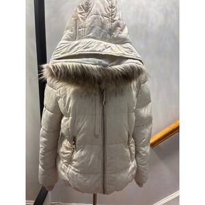Guess Puffer Jacket Women L Cream Good Faux Fur Hooded Monogram Logo Zip Coat